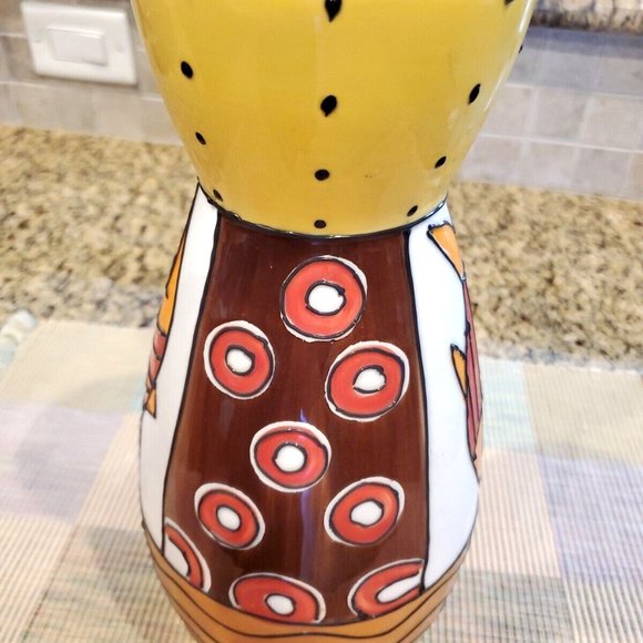 Whimsical Studio Nova Ceramic Vase Pattern Fish Catch Orange Yellow Red 11" High - Picture 2 of 6